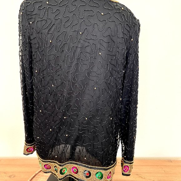 80's Silk Beaded Evening Jacket - Lawrence Kazar - SIze Petite Medium - Picture 8 of 11